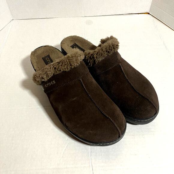 Crocs Women's Mule Slip On Cobbler Clog Lined Brown Heeled Slipper Sz 11 - Picture 1 of 9